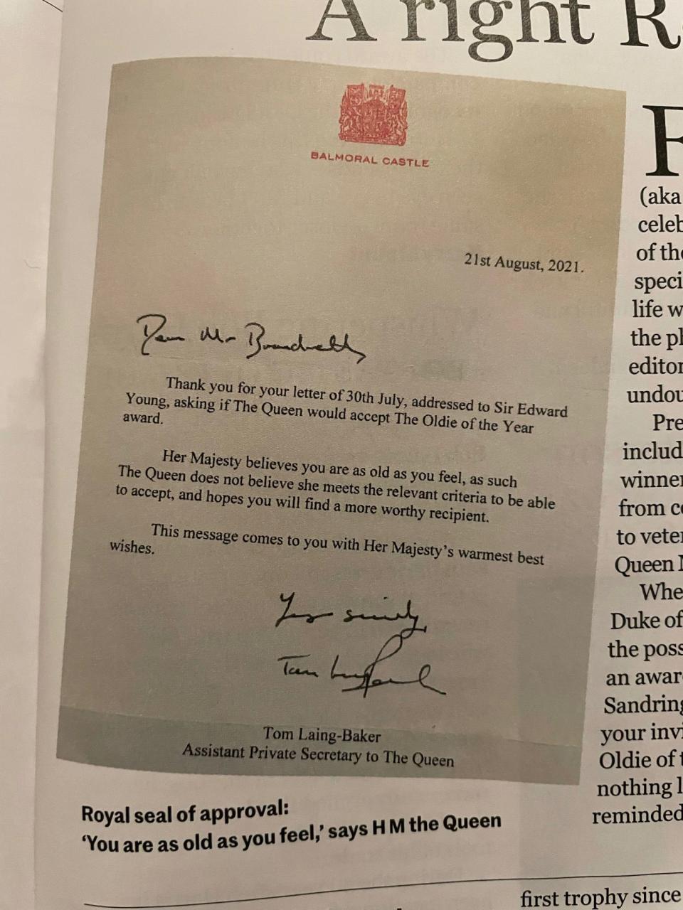 The letter from the Queen's Assistant Private Secretary