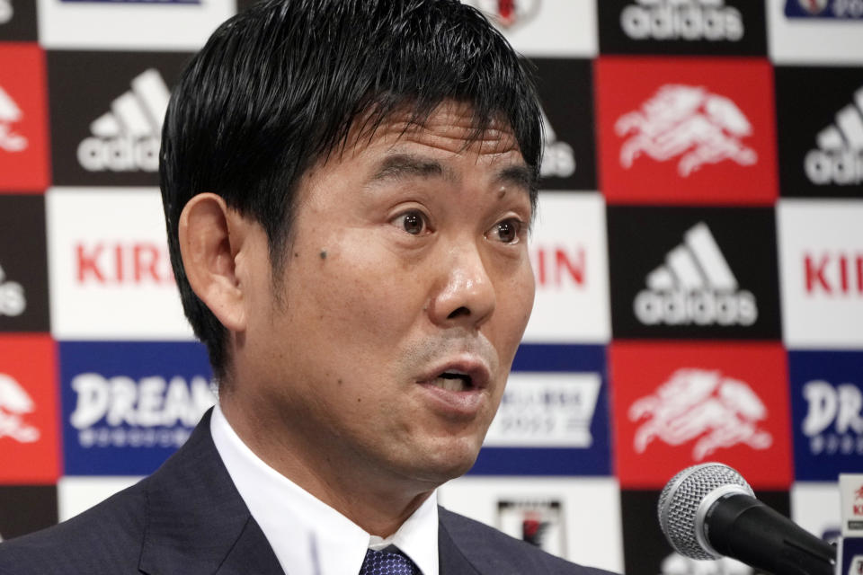 Japan national team head coach Hajime Moriyasu speaks during the announcement of the national team members for FIFA World Cup 2022 Tuesday, Nov. 1, 2022, in Tokyo. (AP Photo/Eugene Hoshiko)
