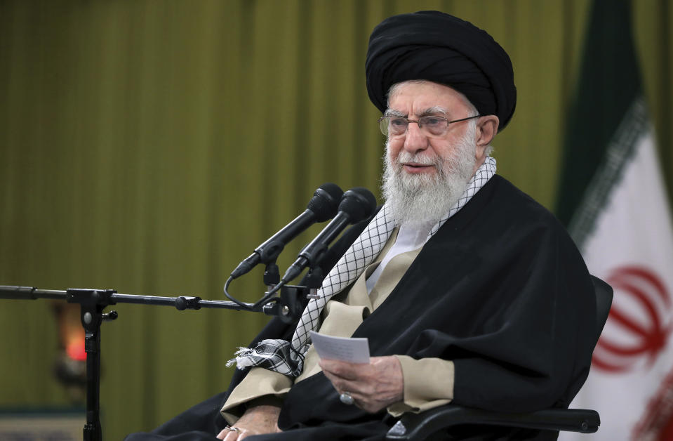 In this photo released by an official website of the office of the Iranian supreme leader, Supreme Leader Ayatollah Ali Khamenei speaks in a meeting in Tehran, Iran, Tuesday, Jan. 23, 2024. Ayatollah Khamenei urged countries in the region "to cut off the lifeline" of Israel, without elaborating, the state-run IRNA news agency reported Tuesday. (Office of the Iranian Supreme Leader via AP)