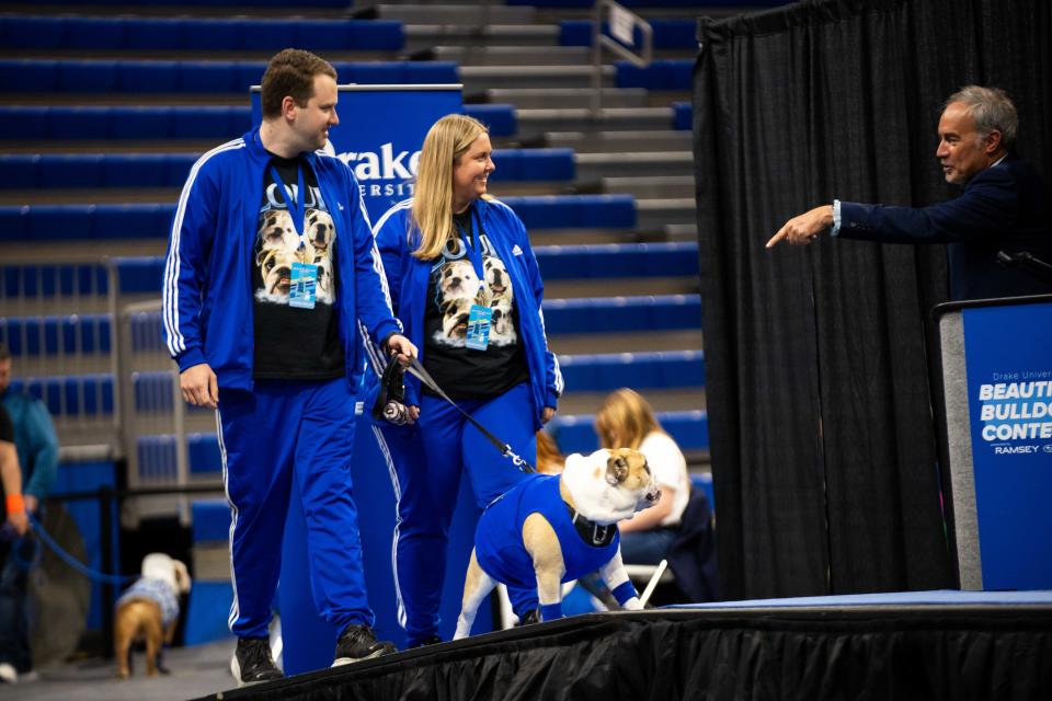 Louie the bulldog walks down the stage during the 45th annual Beautiful Bulldog Contest Sunday, April 21, 2024, at the Knapp Center in Des Moines.