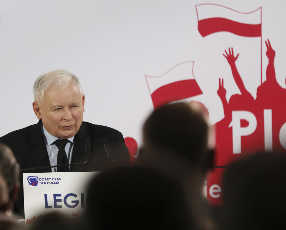 In this photo taken Thursday Sept. 26, 2019 Poland's ruling right-wing party leader Jaroslaw Kaczynski speaks at a convention in Legionowo, Poland, ahead of Sunday parliamentary election in which his Law and Justice party is hoping to win a second term in power. (AP Photo/Czarek Sokolowski)