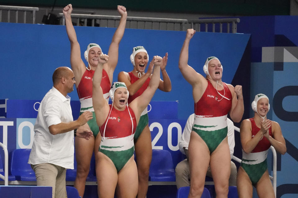 Players from Hungary celebrate as time runs out in their win over the United States in a preliminary round women's water polo match at the 2020 Summer Olympics, Wednesday, July 28, 2021, in Tokyo, Japan. (AP Photo/Mark Humphrey)