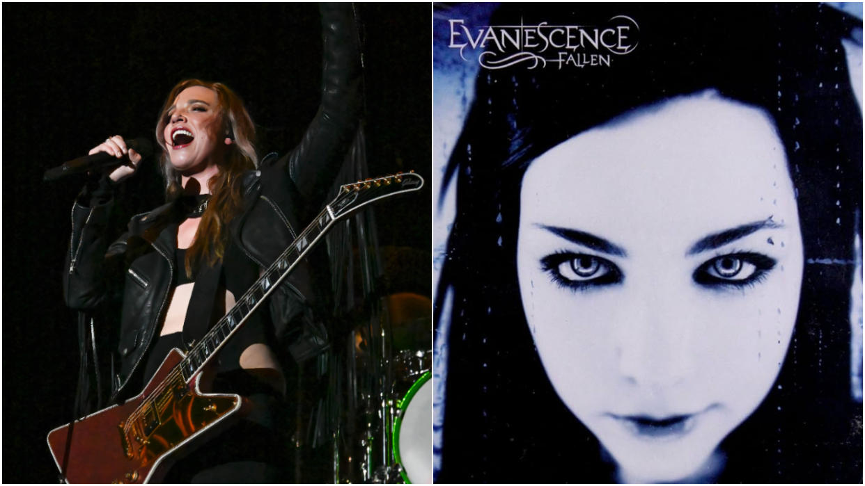  Lzzy Hale on stage, and the album artwork for Fallen by Evanescence. 