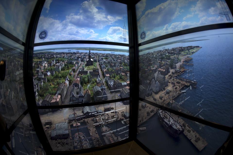 Time-lapse projection of the New York skyline through the years inside the Sky Pod Elevator on the way up to the One World Observatory observation deck on the 100th floor of the One World Trade center tower in New York