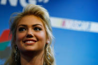 DAYTONA BEACH, FL - FEBRUARY 26: Model Kate Upton addresses the media during a news conference prior to the start of the NASCAR Sprint Cup Series Daytona 500 at Daytona International Speedway on February 26, 2012 in Daytona Beach, Florida. (Photo by Jonathan Ferrey/Getty Images for NASCAR)