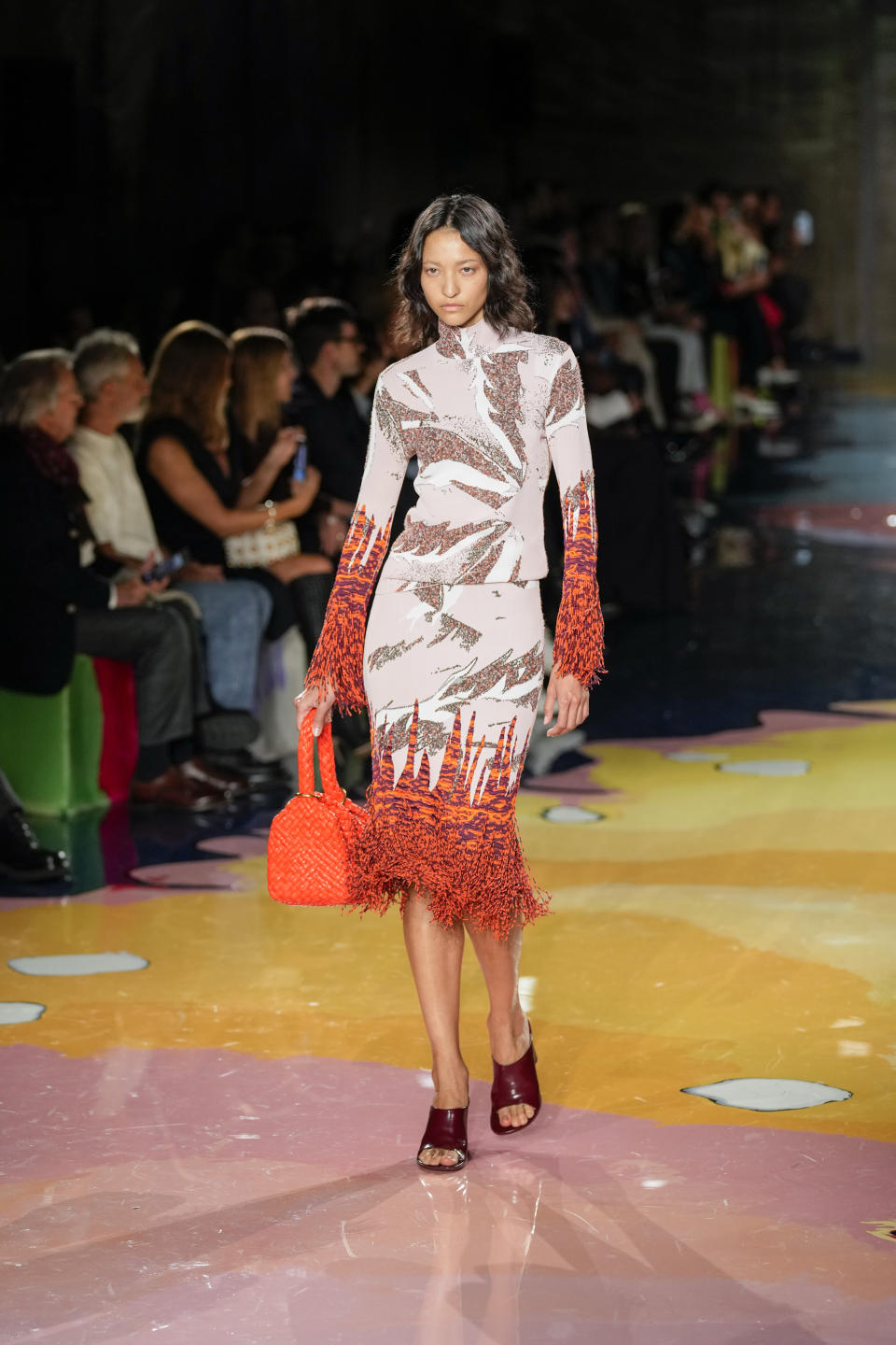 A model wears a creation as part of the Bottega Veneta women's Spring Summer 2023 collection presented in Milan, Italy, Saturday, Sept. 24, 2022. (AP Photo/Antonio Calanni)