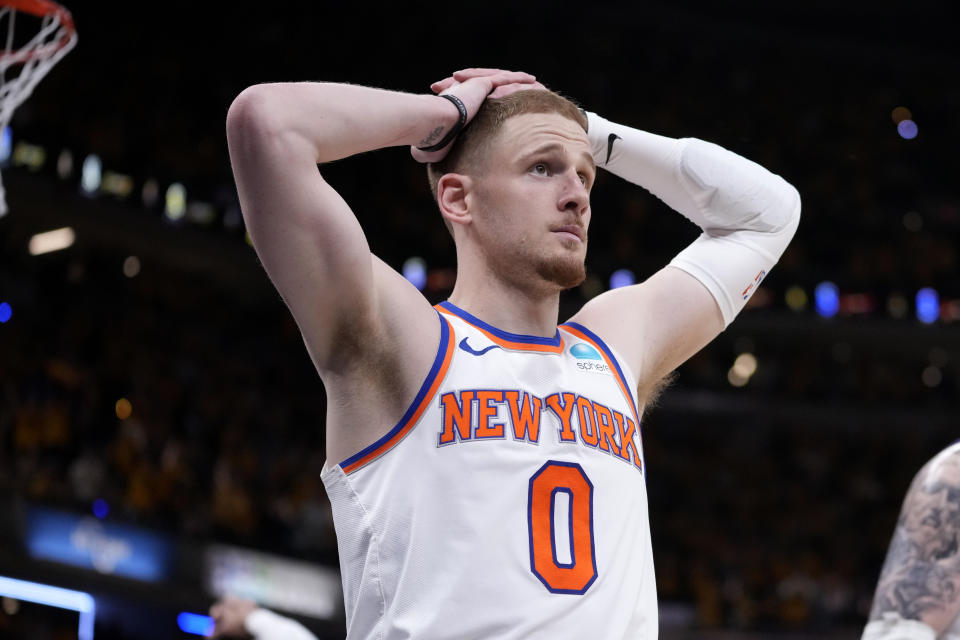 New York Knicks guard Donte DiVincenzo reacts at the end of Game 3 against the Indiana Pacers in an NBA basketball second-round playoff series, Friday, May 10, 2024, in Indianapolis. The Pacers won 111-106. (AP Photo/Michael Conroy)