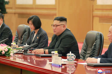North Korean leader Kim Jong Un speaks during a meeting with Chinese President Xi Jinping (not pictured) in Beijing, China, in this undated photo released June 20, 2018 by North Korea's Korean Central News Agency. KCNA via REUTERS