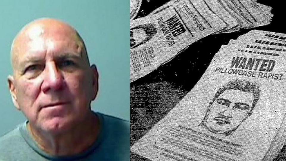 Law enforcement has arrested a suspect in the ‘Pillowcase Rapist’ case from the 1980s. He was identified as Robert Eugene Koehler, 60, left. Fliers from the mid-1980s are shown at right. The rapist was believed to have attacked dozens of women.