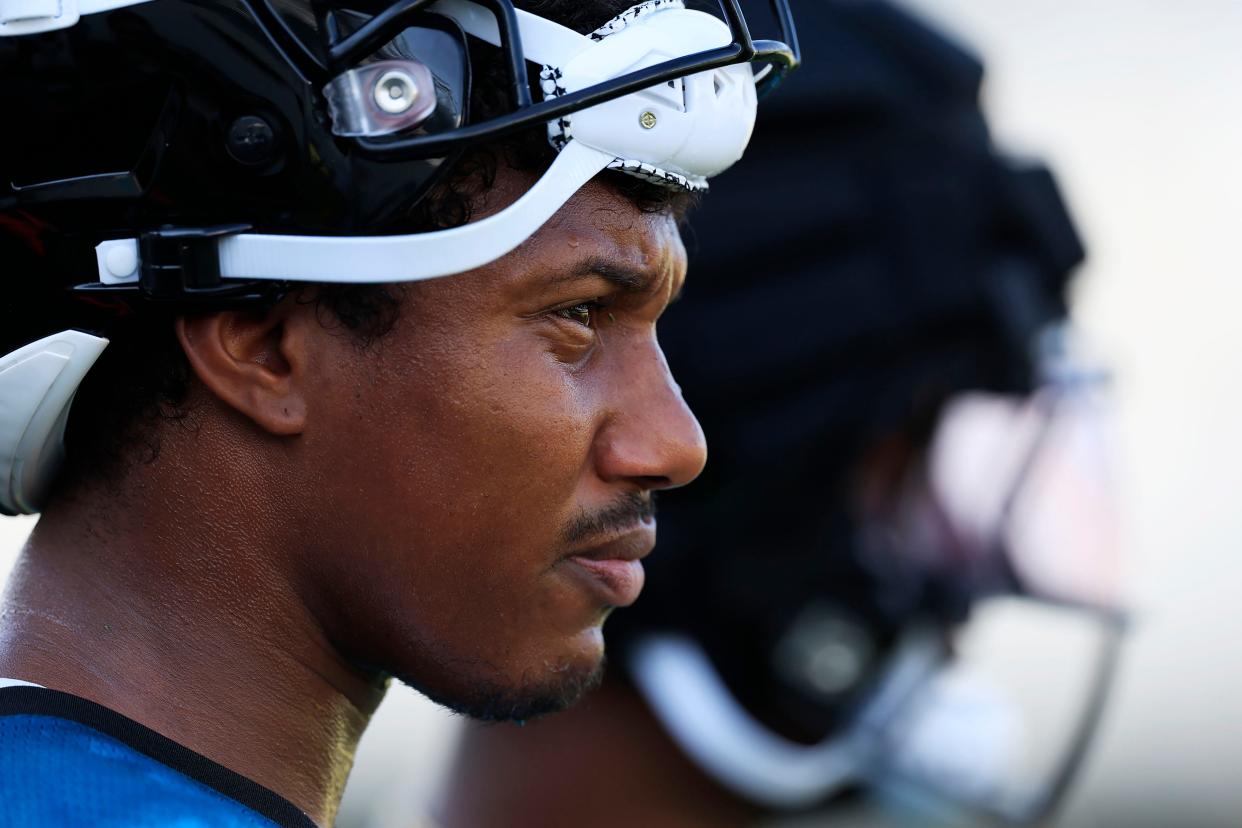 Jacksonville Jaguars wide receiver Zay Jones (7) looks on from the sideline Wednesday, July 26, 2023 at Miller Electric Center at EverBank Stadium in Jacksonville, Fla. Today marked the first day of training camp for the Jacksonville Jaguars.