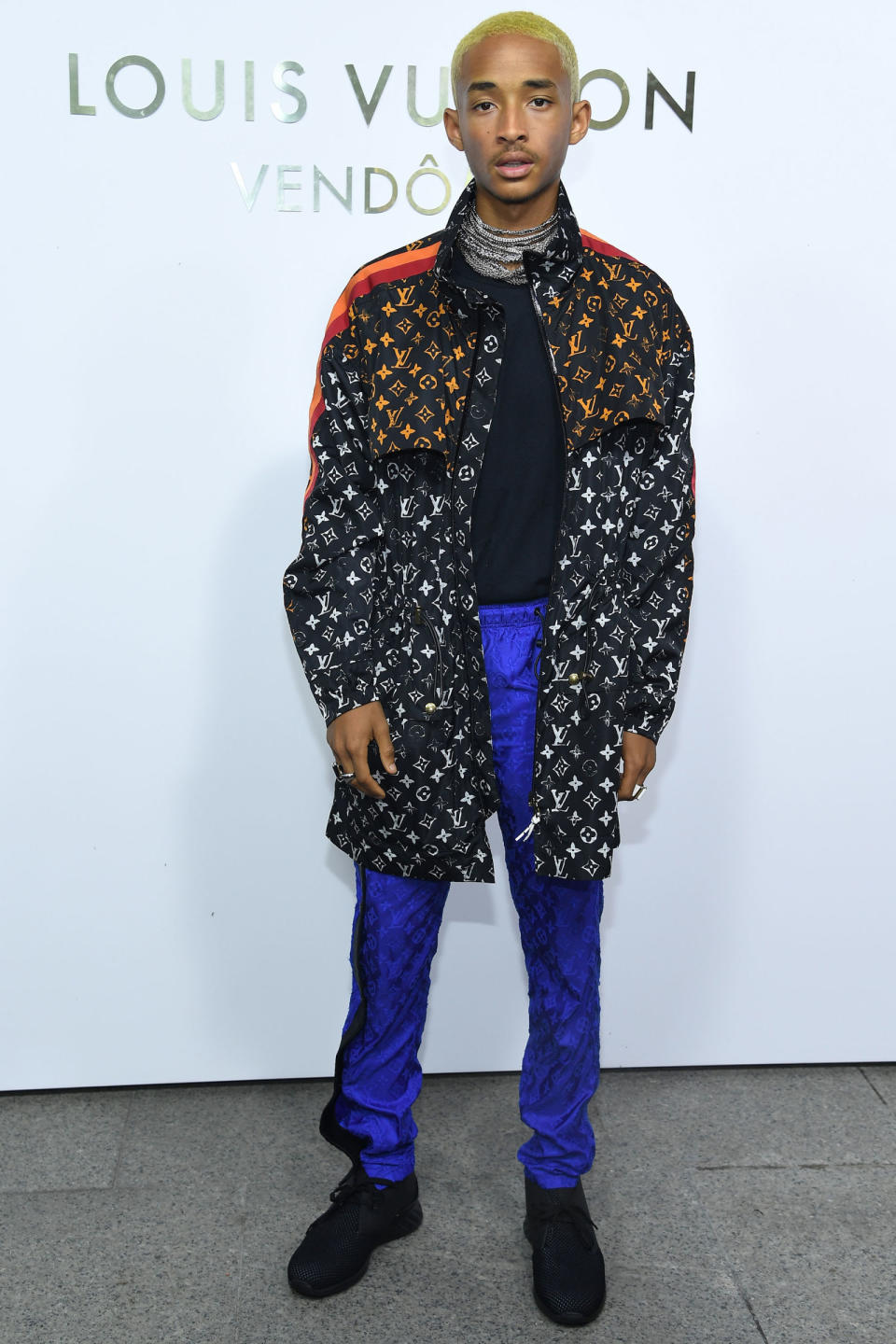 <p><strong>2 October</strong> Jaden Smith paired vibrant blue trousers with a black turtleneck and a textured coat. </p>