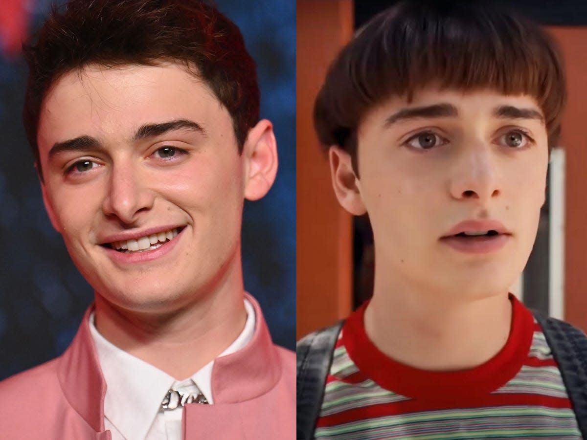 A side by side image of Noah Schnapp (a 17-year-old boy with short brown hair) at a red carpet event and in Netflix's "Stranger Things."