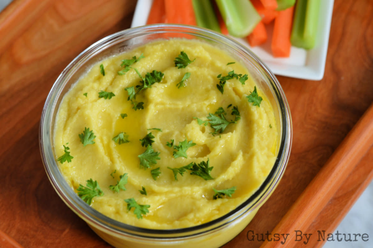 <p>Gutsy by Nature</p><p><strong>Get the recipe here: <a href="https://gutsybynature.com/2019/01/08/roasted-turnip-hummus-aip/" rel="nofollow noopener" target="_blank" data-ylk="slk:Roasted Turnip Hummus;elm:context_link;itc:0;sec:content-canvas" class="link rapid-noclick-resp">Roasted Turnip Hummus</a></strong></p>