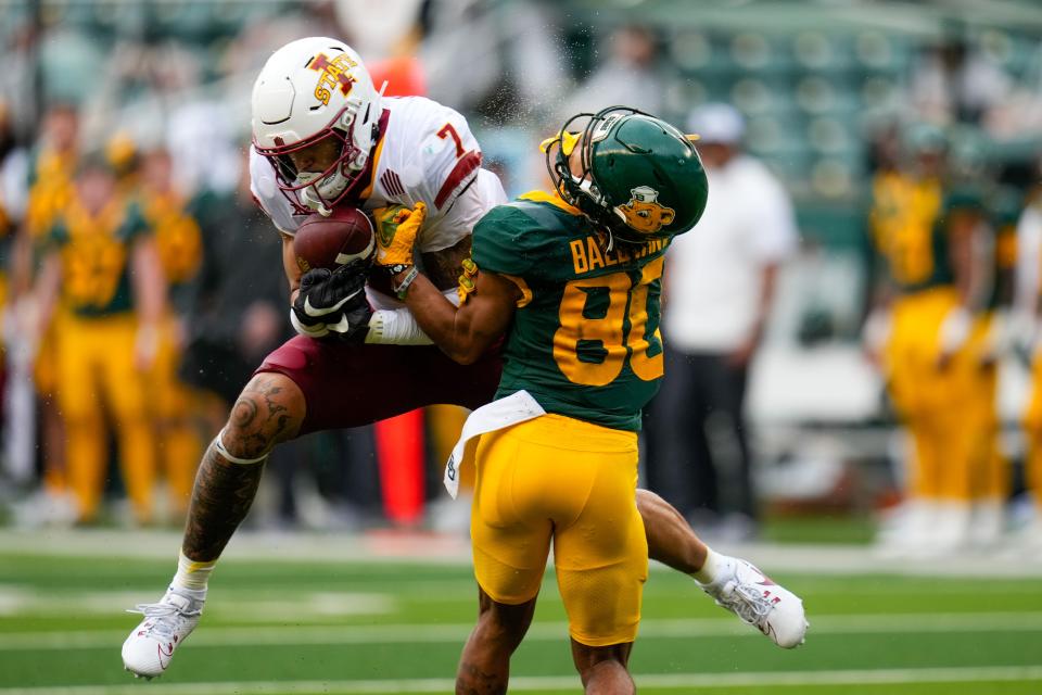 Iowa State Cyclones defensive back Malik Verdon (7) intercepts the team's 13th pass this season during the first half against Baylor.