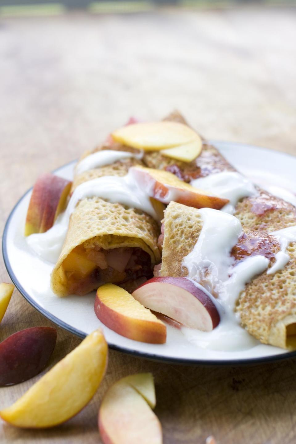 This July 8, 2013 photo shows corn crepes stuffed with summer fruits in Concord, N.H. One of the earliest French culinary imports to make a dent in America was the crepe. (AP Photo/Matthew Mead)