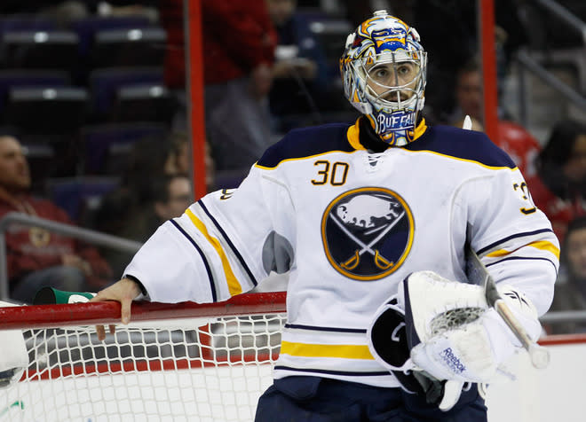 WASHINGTON, DC - MARCH 27: Ryan Miller #30 of the Buffalo Sabres looks on during a timeout against the Washington Capitals at the Verizon Center on March 27, 2012 in Washington, DC. (Photo by Rob Carr/Getty Images)