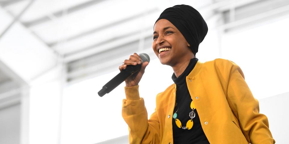 FILE - In this Feb. 29, 2020 file photo, U.S. Rep. Ilhan Omar, D-Minn., speaks at a rally in Springfield, Mass. At a young age, Rep. Omar earned a reputation as a fighter -- a bit of a misfit who saw fighting as a way to survive and earn respect. In her new memoir being released Tuesday, May, 26, 2020. Omar provides details about her life, as she went from a refugee and immigrant to congresswoman for Minnesota. (AP Photo/Susan Walsh File)
