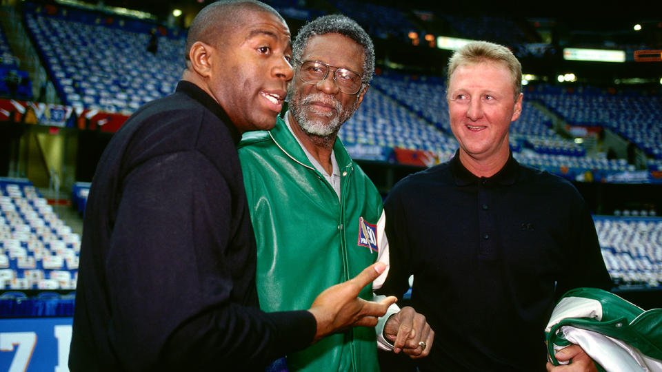Magic Johnson, Bill Russell and Larry Bird, pictured here during the NBA All-Star weekend in 1997.