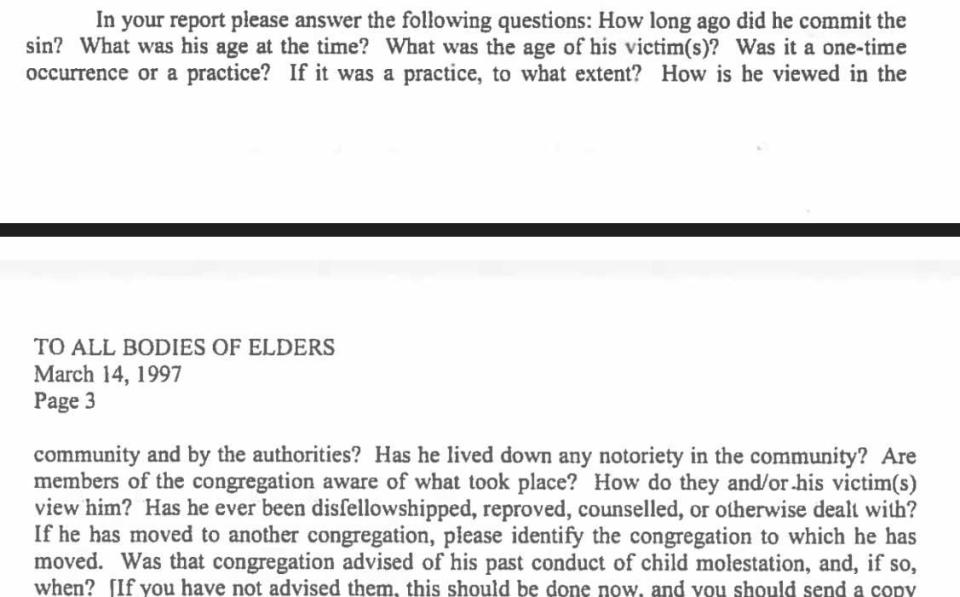 "The Jehovah's Witnesses wrote to elders in 1997 asking them to make a "report" on alleged child abusers.