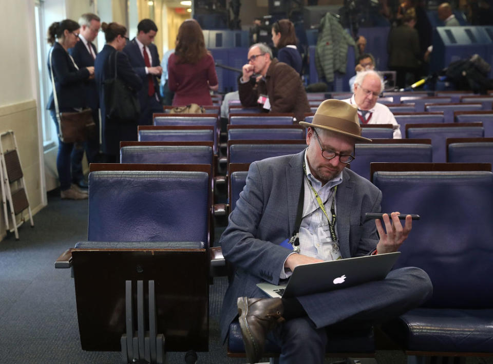 New York Times reporter Glenn Thrush works in the Brady Briefing Room after being excluded from a press gaggle by White House Press Secretary Sean Spicer, in Washington, DC, on Feb. 24, 2017.