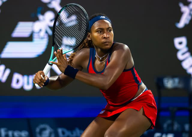 <p>Robert Prange/Getty</p> Coco Gauff of the United States in action against Karolina Pliskova of the Czech Republic in the third round on Day 4 of the Dubai Duty Free Tennis Championships, part of the Hologic WTA Tour at Dubai Duty Free Tennis Stadium on February 21, 2024