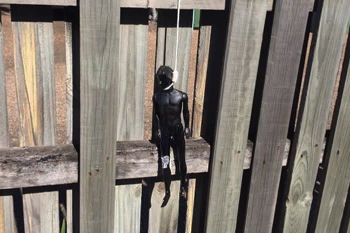 The thugs responsible used a small noose to hang an effigy on their back fence. Source: Facebook