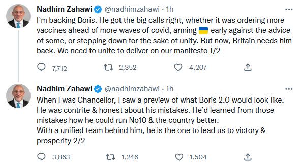 Nadim Zahawi is now backing Boris Johnson despite resigning as chancellor one day after he was appointed. (Twitter)