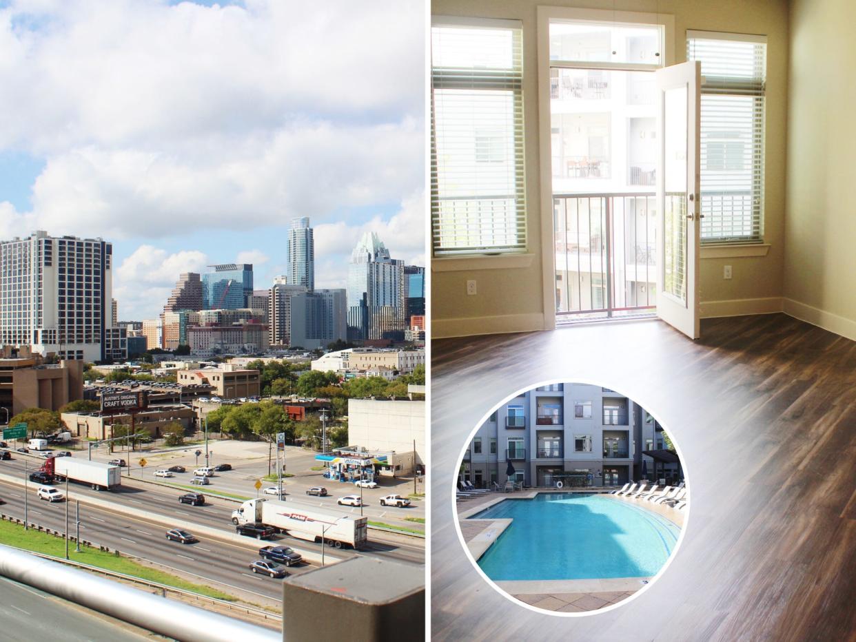 austin skyline and interior view of eleven windsor apartment