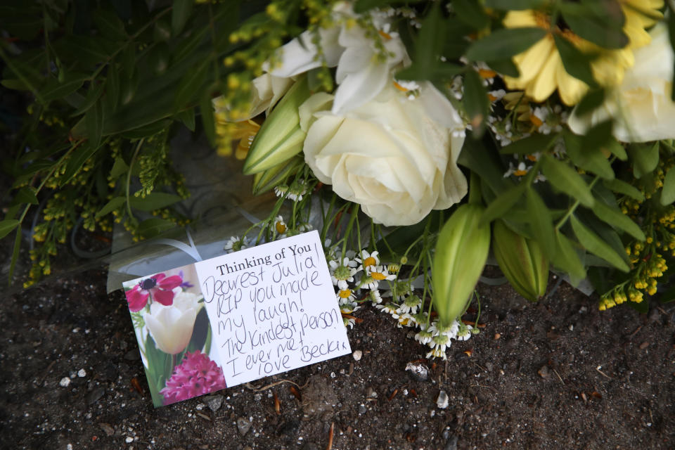 A floral tribute and message left close to the scene in Snowdown, Kent, where the body of PCSO Julia James was found. Kent Police have launched a murder enquiry following the discovery of the 53-year-old community support officer on Tuesday. Picture date: Thursday April 29, 2021.