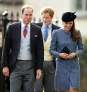 <p>Prince William, Prince Harry, and Kate Middleton attending the wedding of Lucy Meade and Charlie Budgett at the Church of St. Mary the Virgin on March 29, 2014. </p>