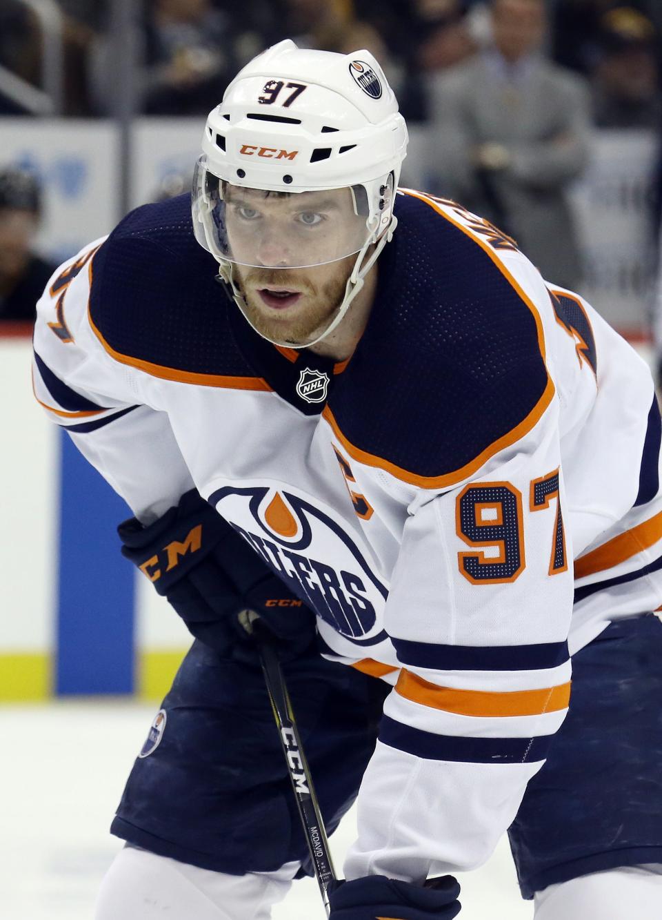 Apr 26, 2022; Pittsburgh, Pennsylvania, USA; Edmonton Oilers center Connor McDavid (97) looks on at the face-off circle against the Pittsburgh Penguins during the third period at PPG Paints Arena. Mandatory Credit: Charles LeClaire-USA TODAY Sports