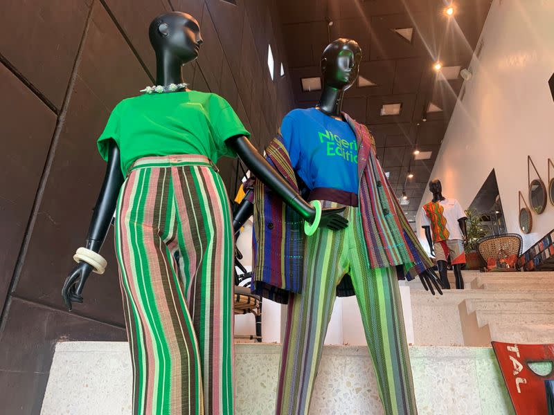 African inspired outfits are seen on a mannequin in the Alara luxury store in Lagos