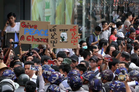 Students take part in a rally demanding peace at the war-torn Kachin State in Yangon, Myanmar May 12, 2018. REUTERS/Stringer NO RESALES. NO ARCHIVES