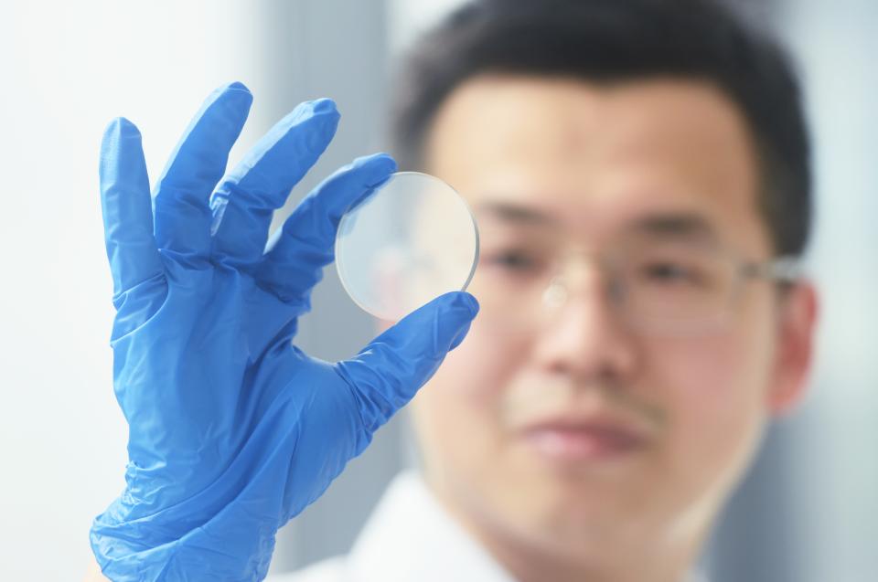 HANGZHOU, CHINA - MAY 30, 2023 - A 2-inch (50.8 mm) diameter gallium oxide wafer is pictured at the Hangzhou International Science and Innovation Center of Zhejiang University in Hangzhou, Zhejiang province, China, May 30, 2022. On the evening of July 3, 2023, the Ministry of Commerce and the General Administration of Customs issued the Announcement on the Implementation of Export Control of Gallium and germanium Related Items. (Photo credit should read CFOTO/Future Publishing via Getty Images)