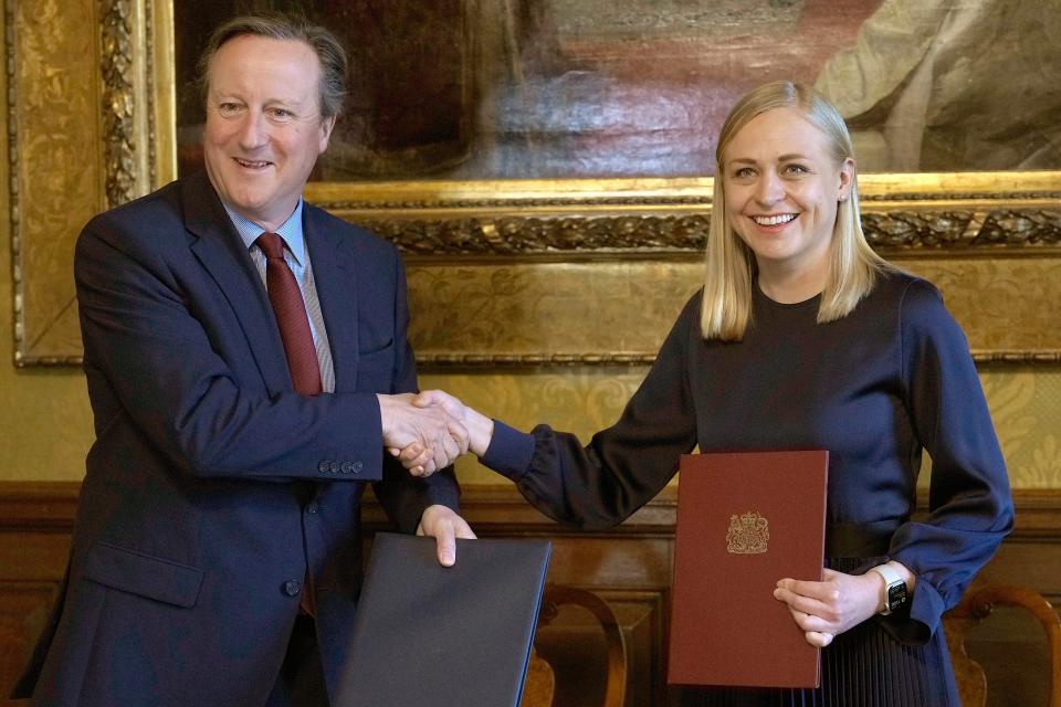 Foreign Secretary Lord Cameron with his Finnish counterpart Elina Valtonen for the signing of a strategic partnership, at the Foreign and Commonwealth Office in London (Alastair Grant/PA Wire)