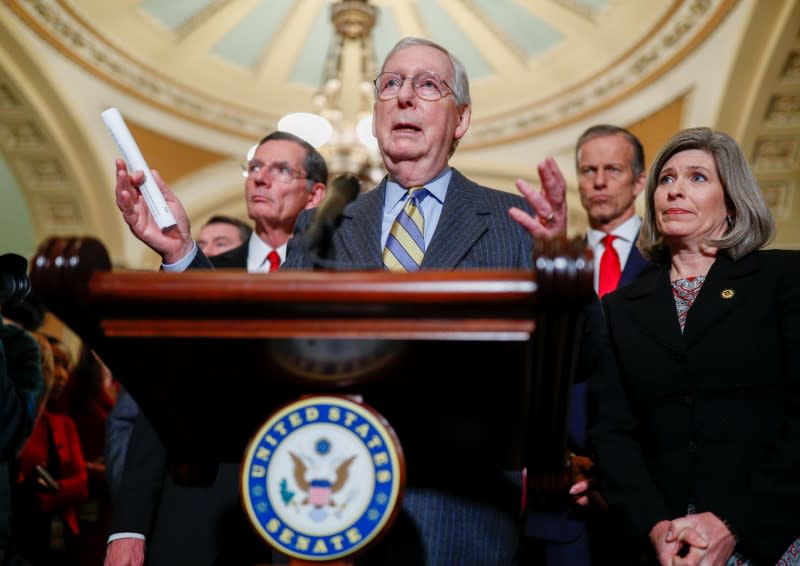 U.S. Senate Majority Leader McConnell speaks to reporters after weekly Senate Republican policy lunch on Capitol Hill in Washington