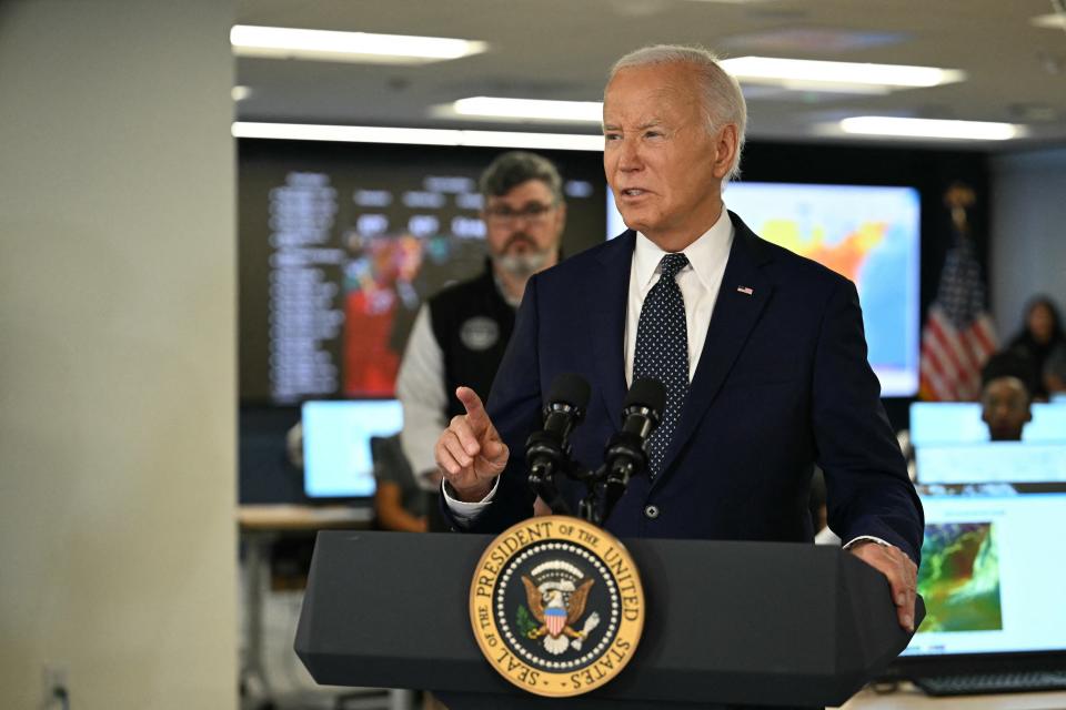 US President Joe Biden speaks about extreme weather at the DC Emergency Operations Center in Washington, DC, July 2, 2024. (Photo by Jim WATSON / AFP) (Photo by JIM WATSON/AFP via Getty Images)