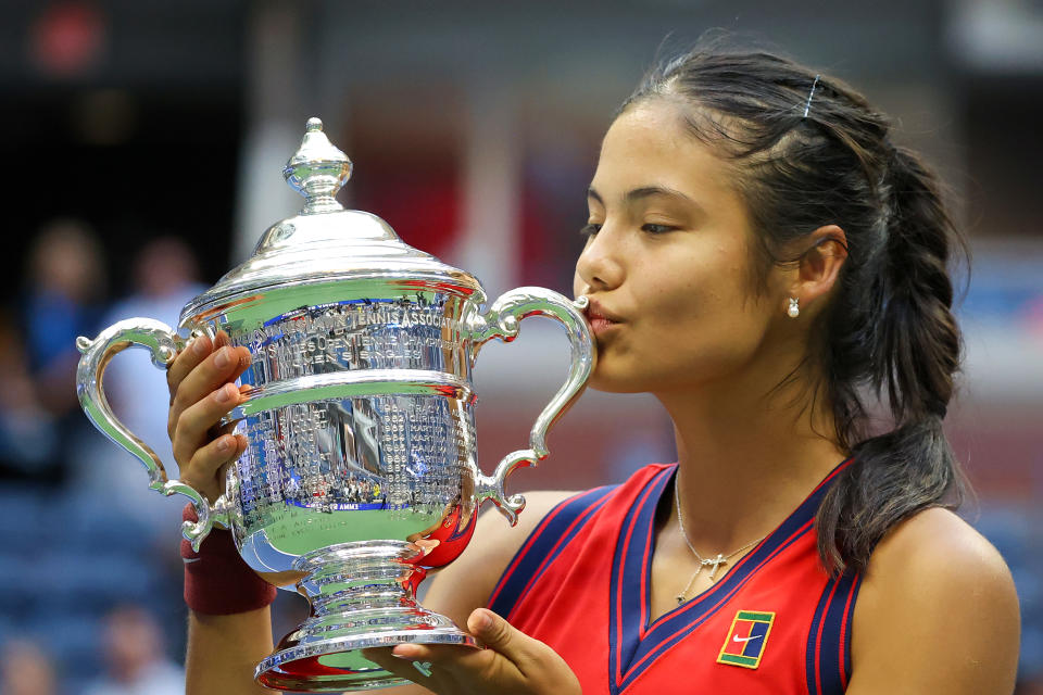 Pictured here, Emma Raducanu of Great Britain celebrates after winning the US Open.