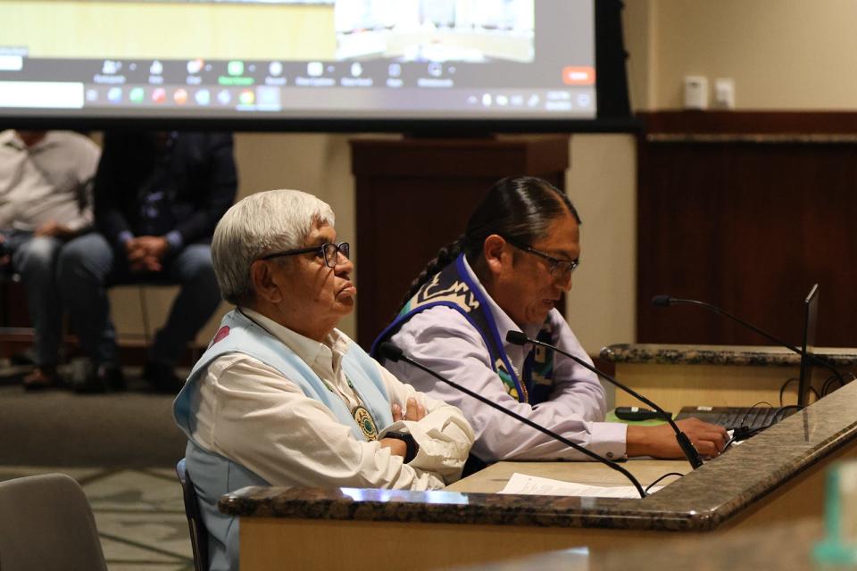 Jeremy Takala, Yakama Nation tribal councilman and vice chair of Columbia River Inter-Tribal Fish Commission, addresses the Oregon Department of Fish and Wildlife Commission at an Aug. 4 meeting. Sitting next to Takala is Ferris Paisano, member of the Nez Perce executive committee.