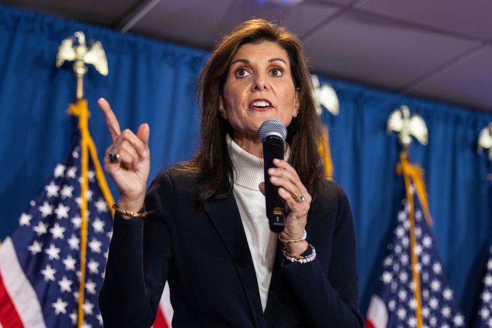 Republican presidential candidate Nikki Haley speaks during a campaign stop at the Portland Elks Club on March 3, 2024 in Portland, Maine.