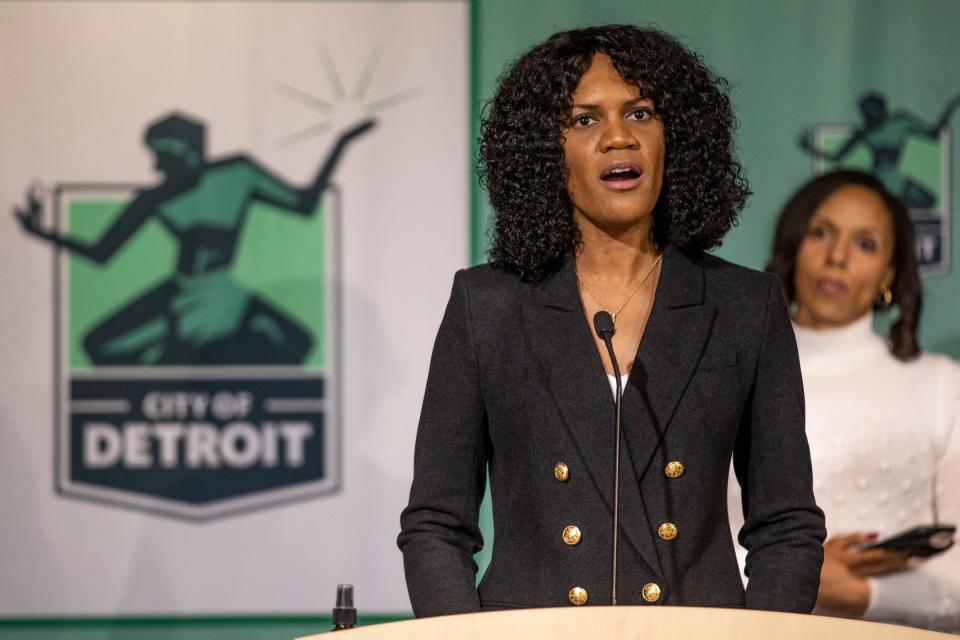 Detroit Councilmember Latisha Johnson speaks about a plan to increase city of Detroit employee wages to a minimum of $15 at the Detroit Public Safety Headquarters in Detroit on Feb. 9, 2022.