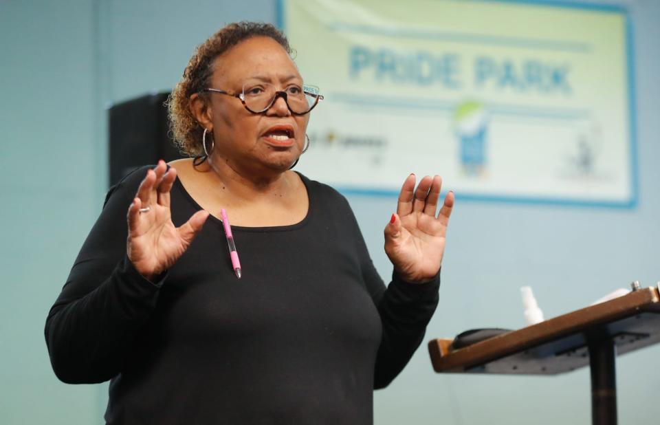 Brenda McAtee, president at Norwood Neighborhood Association speaks to residents during a neighborhood meeting with city representatives regarding a proposed city morgue and forensics lab inside the boundaries of the historic Norwood neighborhood on Thursday, March 3, 2022, at the Pride Park Rec. Center in Indianapolis. The Norwood neighborhood was a Freetown founded and built by Civil War veterans in the 1860s, and home to painter John Wesley Hardrick (American, 1891-19680. The proposed build is the sight of the Hardrick family land. 