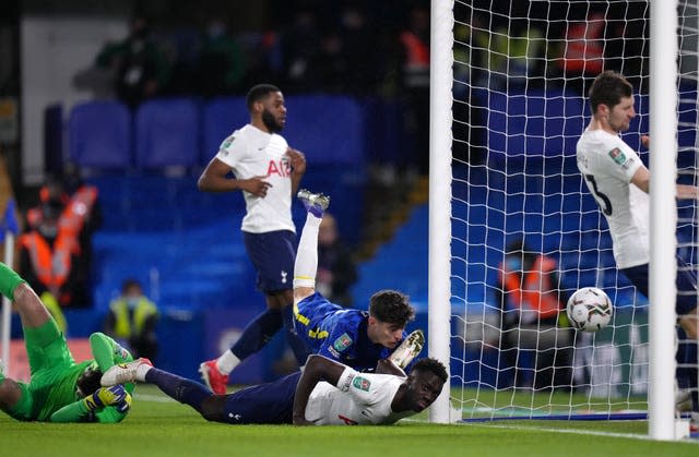 Kai Havertz, centre, scores Chelsea&#x002019;s first goal in their Carabao Cup win over Tottenham