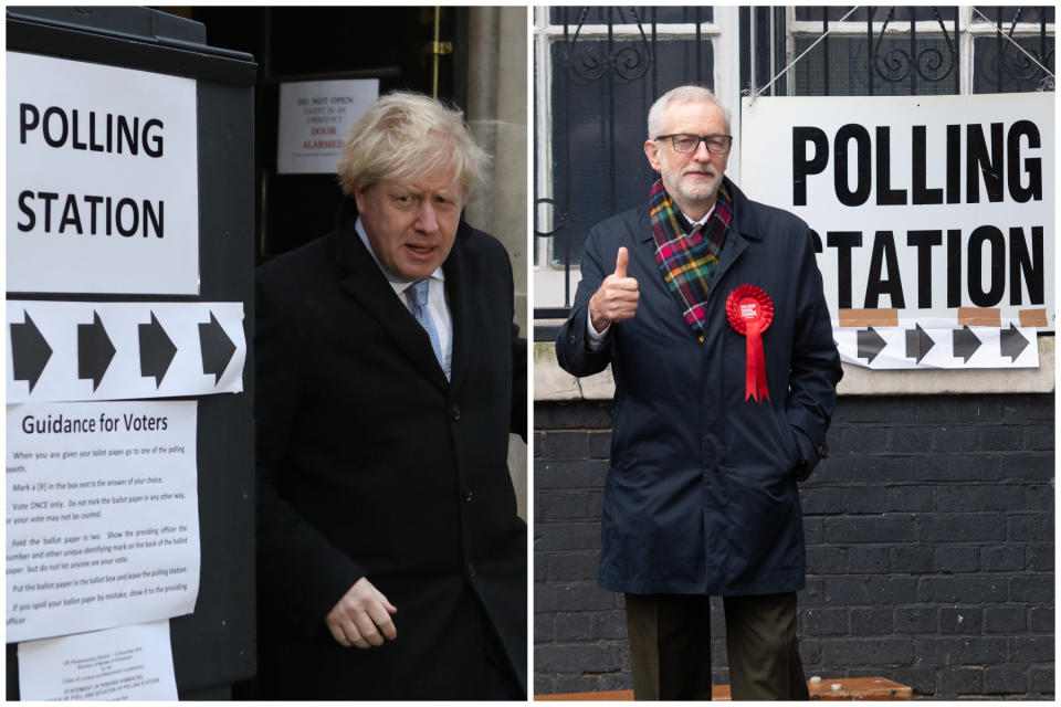 Boris Johnson and then-Labour leader Jeremy Corbyn outside their local polling stations on the day of the 2019 general election: the last major poll to have been held in the UK. (PA/Getty Images)