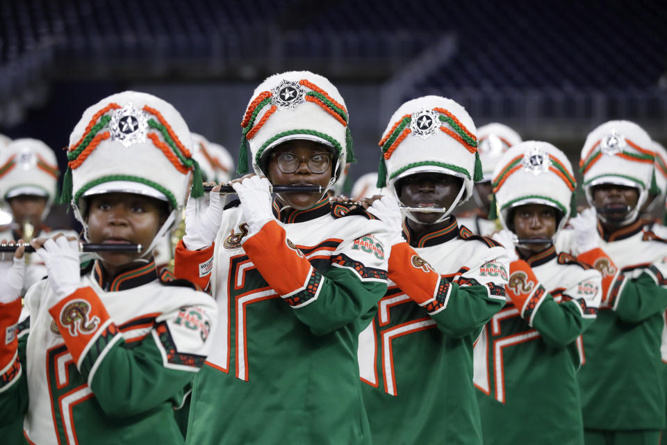 The Florida A&M University Marching 100 band performs during the 2023 National Battle of the Bands, a showcase for HBCU marching bands, held at NRG Stadium, Saturday, Aug. 26, 2023, in Houston. (AP Photo/Michael Wyke)