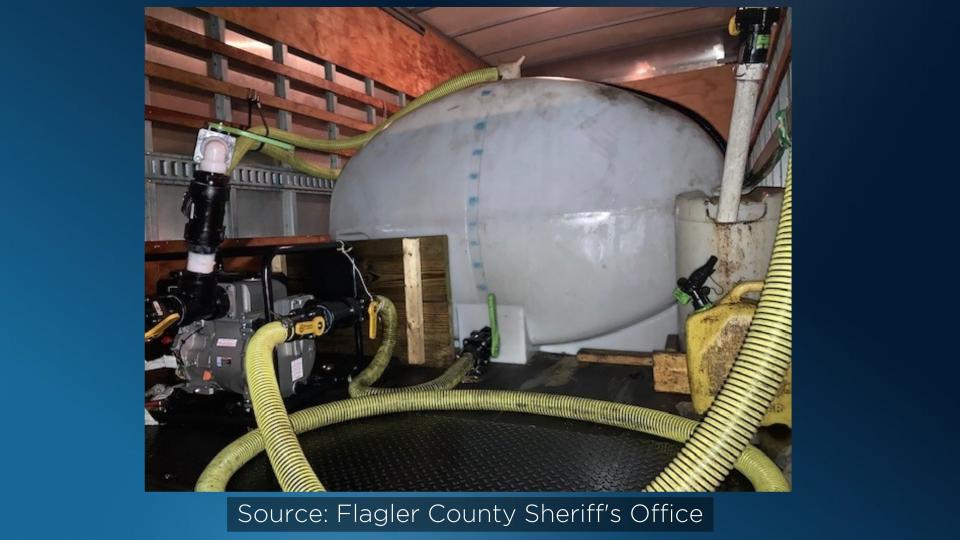 Deputies said they caught the two men pumping used cooking oil from a vat into two large tanks in the back of an unmarked white box truck.
