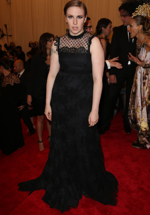 Met Ball 2013: Lena Dunham wore her Erdem frock with slick-backed hair.