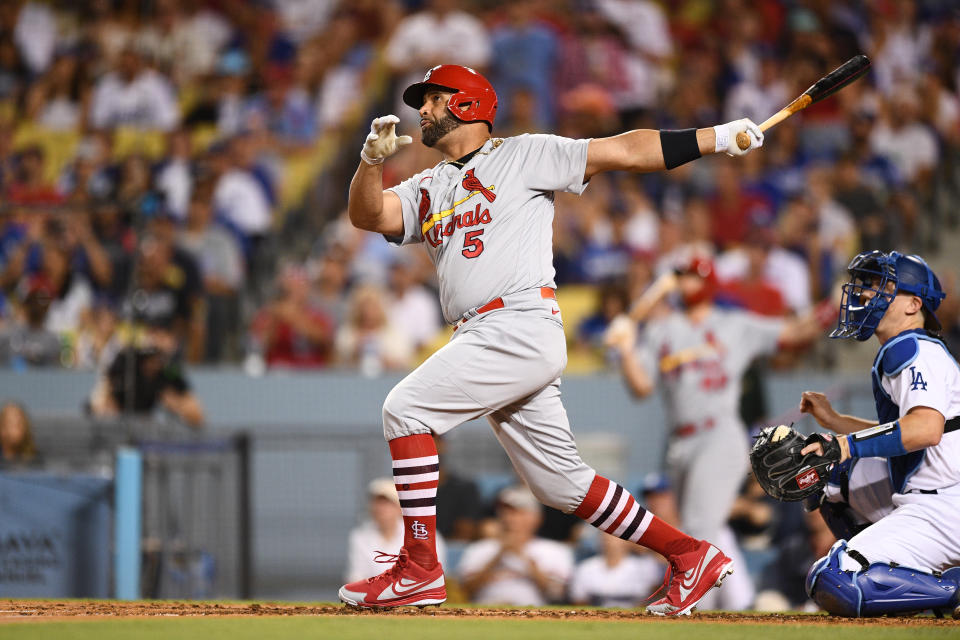 LOS ANGELES, CA - SEPTEMBER 23: St. Louis Cardinals designated hitter Albert Pujols (5) hits his 699th career home run during the MLB game between the St. Louis Cardinals and the Los Angeles Dodgers on September 23, 2022 at Dodger Stadium in Los Angeles, CA. (Photo by Brian Rothmuller/Icon Sportswire via Getty Images)