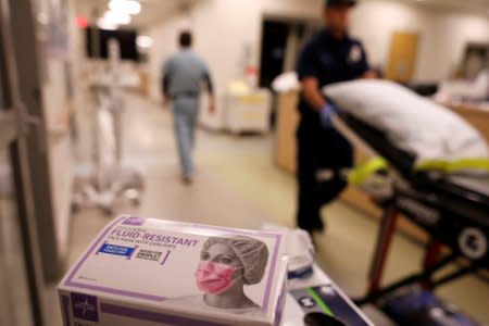 A box of masks is shown in the emergency room at Palomar Medical Center in Escondido, California, U.S., January 18, 2018.      REUTERS/Mike Blake