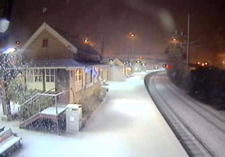 Katoomba station coated in snow on Tuesday morning. Source: Sydney Trains